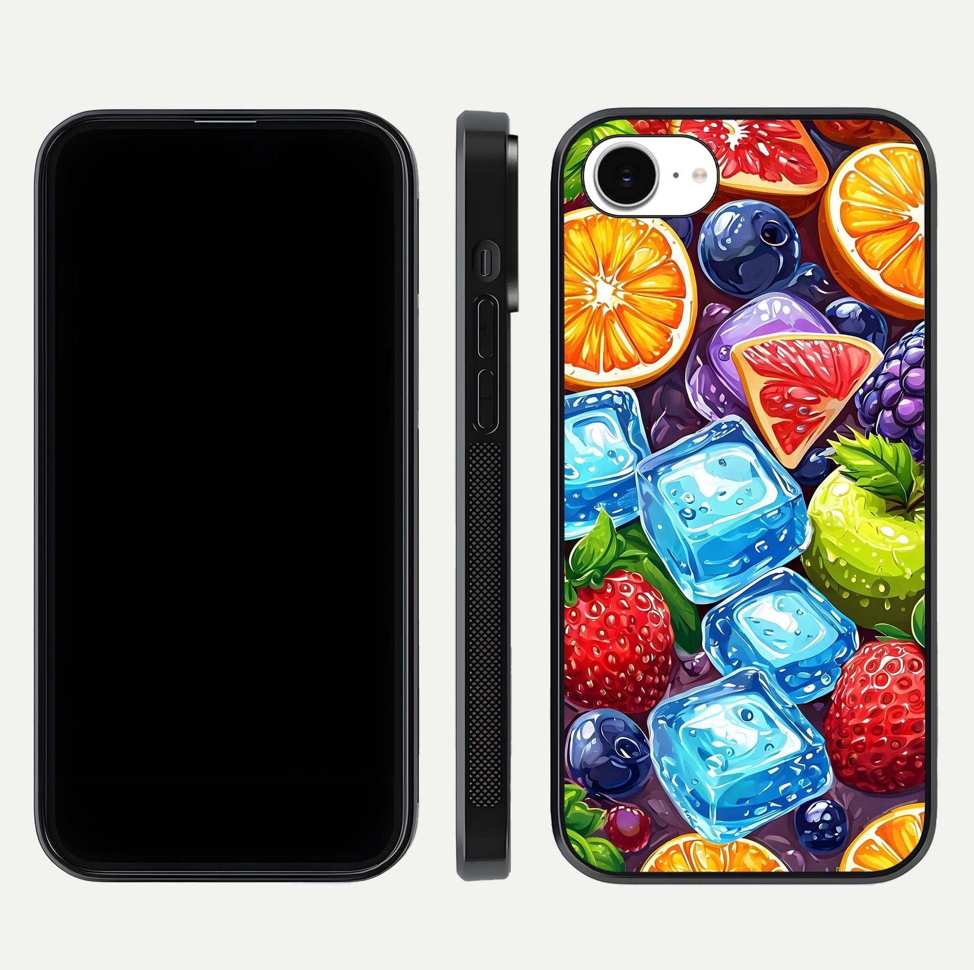 Colorful Fruits with Ice Glass Case for iPhone 16e dual-view layout showing fresh tones and polished edges