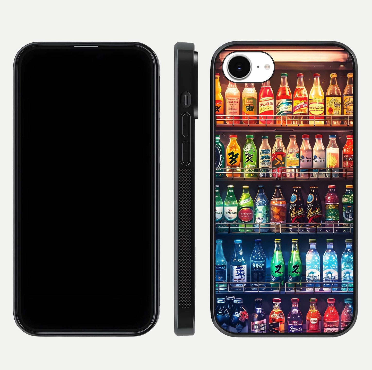 Colorful Soda Bottles Glass Case for iPhone 16e dual-view layout displaying playful tones and gloss clarity