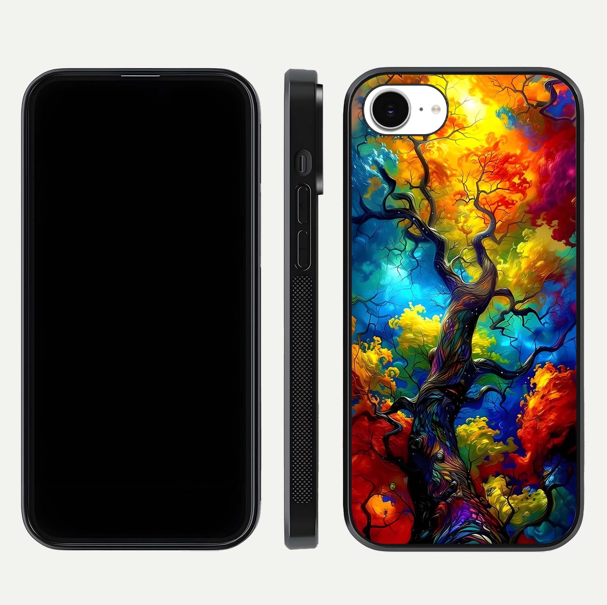 Colorful Tree Glass Case for iPhone 16e dual-view layout displaying balanced tones and smooth edges