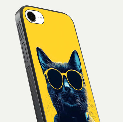 Cool Cat Vibes iPhone 16e glass phone case angled back view highlighting cat artwork and textured side grip