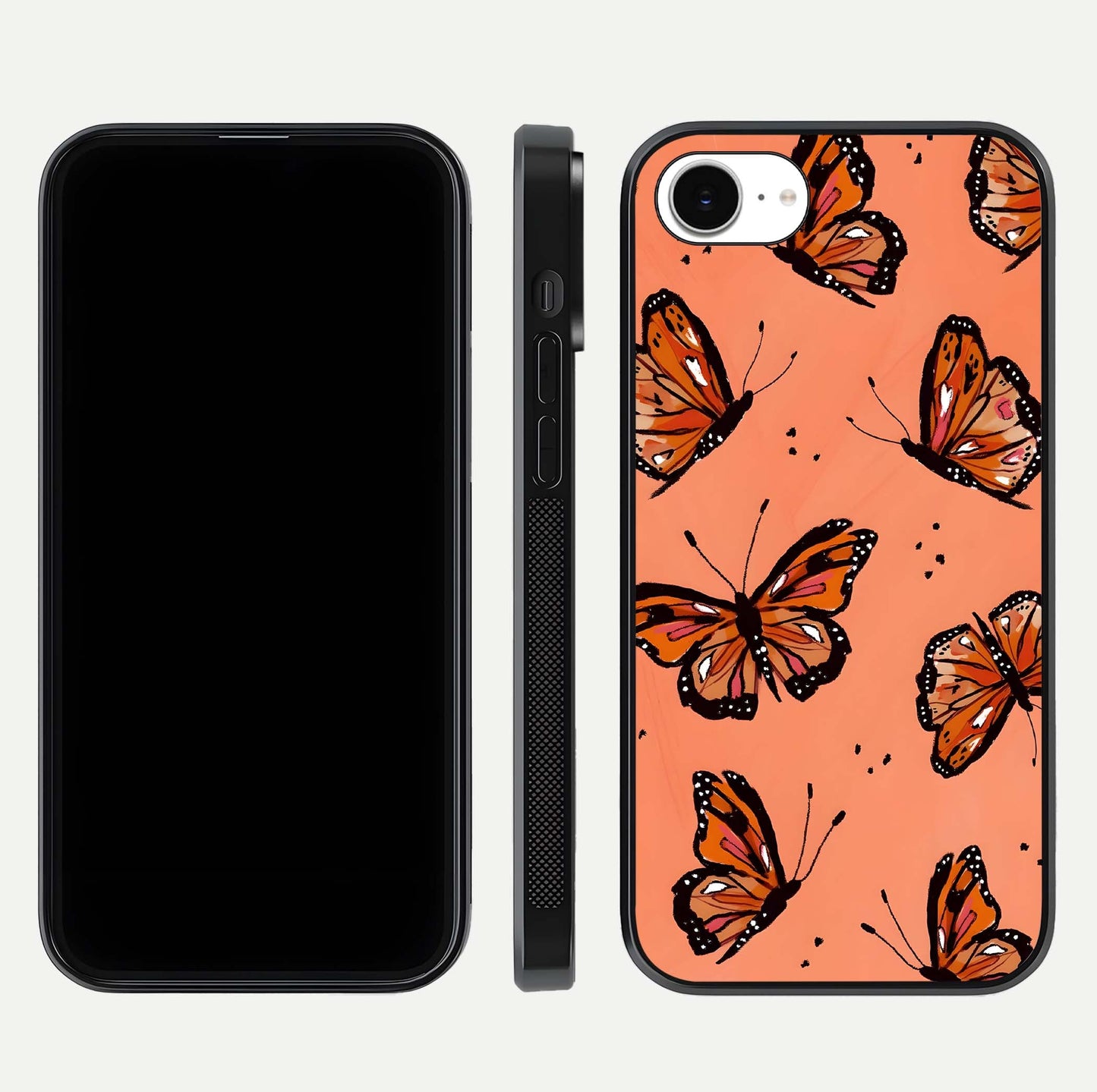 Coral Wing Butterfly Glass Case for iPhone 16e dual-view layout displaying soft floral tones and curved edges
