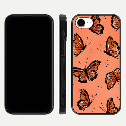 Coral Wing Butterfly Glass Case for iPhone 16e dual-view layout displaying soft floral tones and curved edges