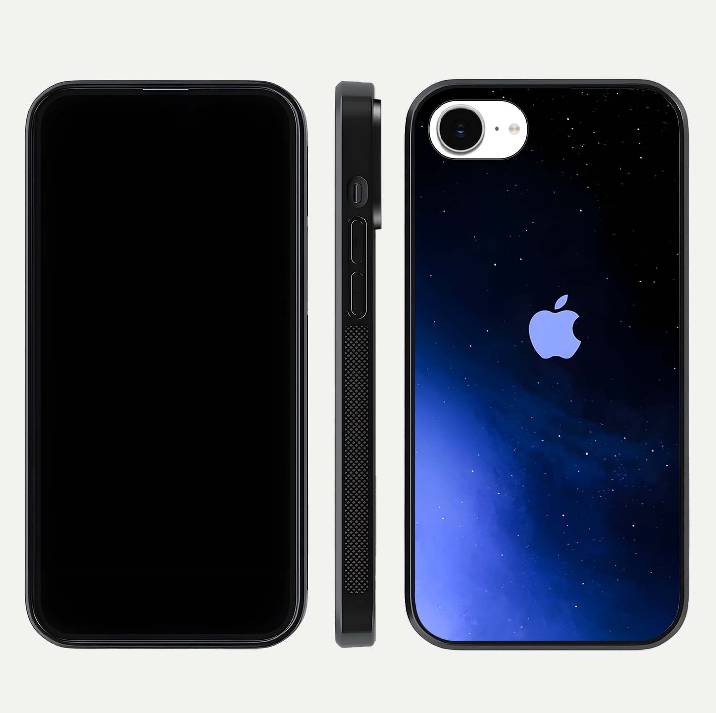 Cosmic Blue Apple Glass Case for iPhone 16e dual-view layout displaying cosmic tones and glass edges