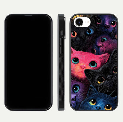 Cosmic Cats Dreams Glass Case for iPhone 16e dual-view layout displaying HD print and glossy shine