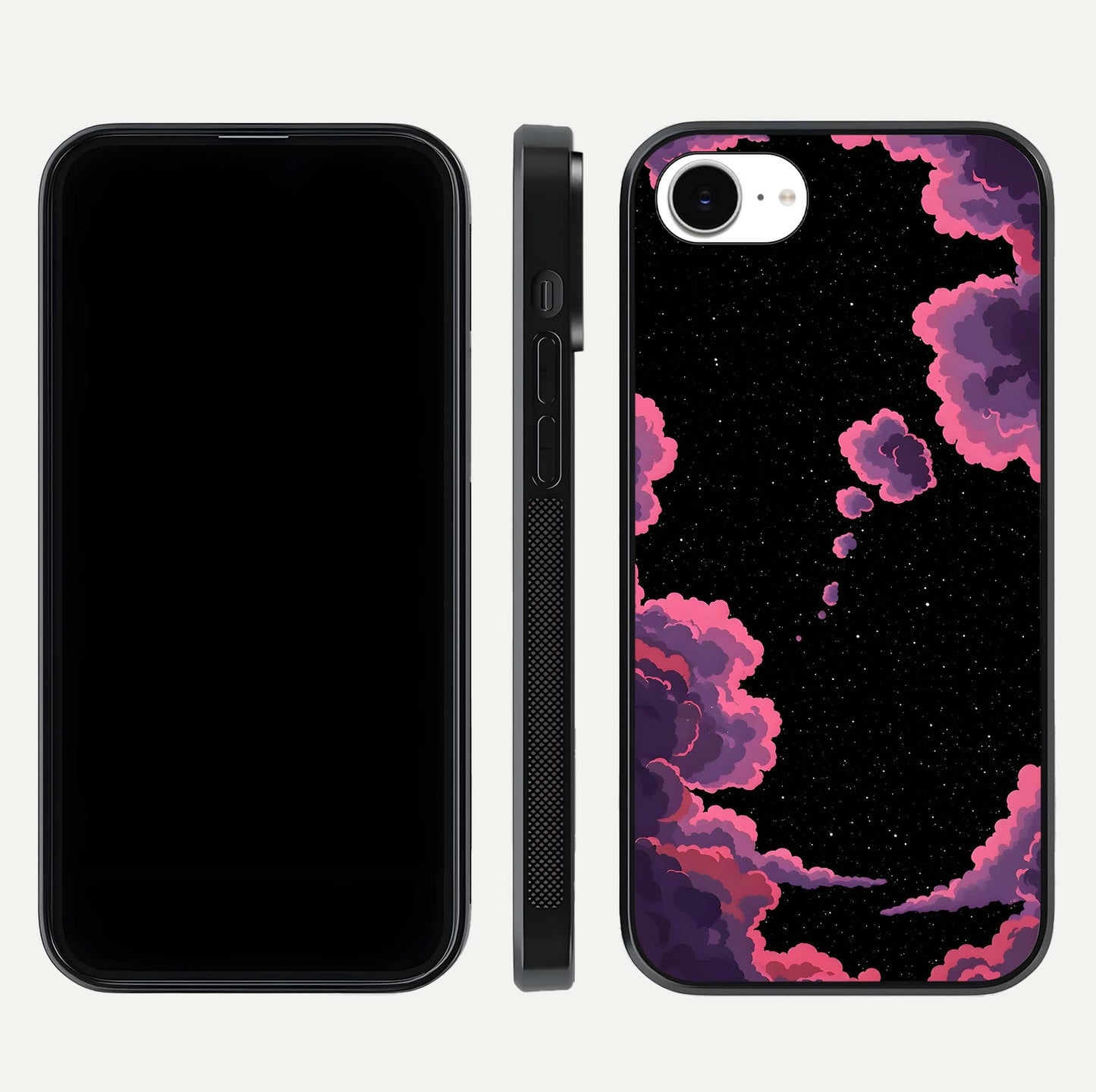 Cosmic Cloud Journey Glass Case for iPhone 16e dual-view layout displaying celestial tones and edge clarity