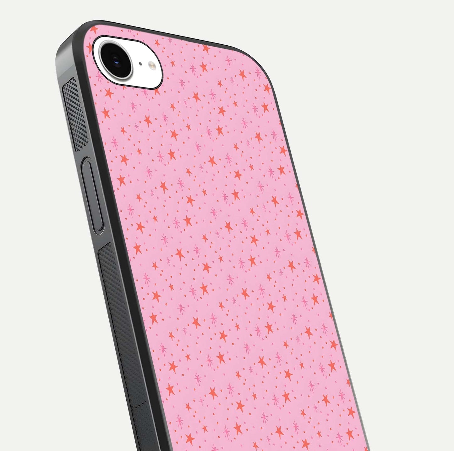 Cosmic Pink Sparkle iPhone 16e glass phone case angled back view highlighting sparkling galaxy design and textured side grip