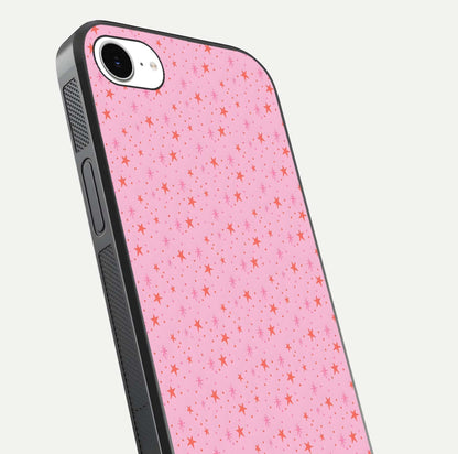 Cosmic Pink Sparkle iPhone 16e glass phone case angled back view highlighting sparkling galaxy design and textured side grip