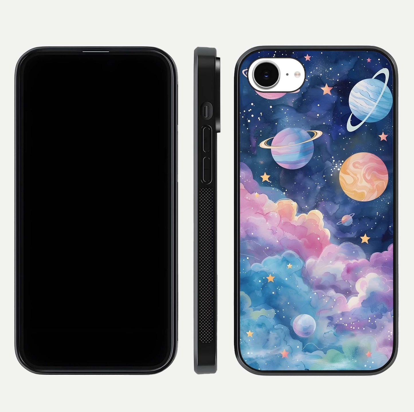Cosmic Planet Dreams Glass Case for iPhone 16e dual-view layout displaying galaxy colors and curved finish