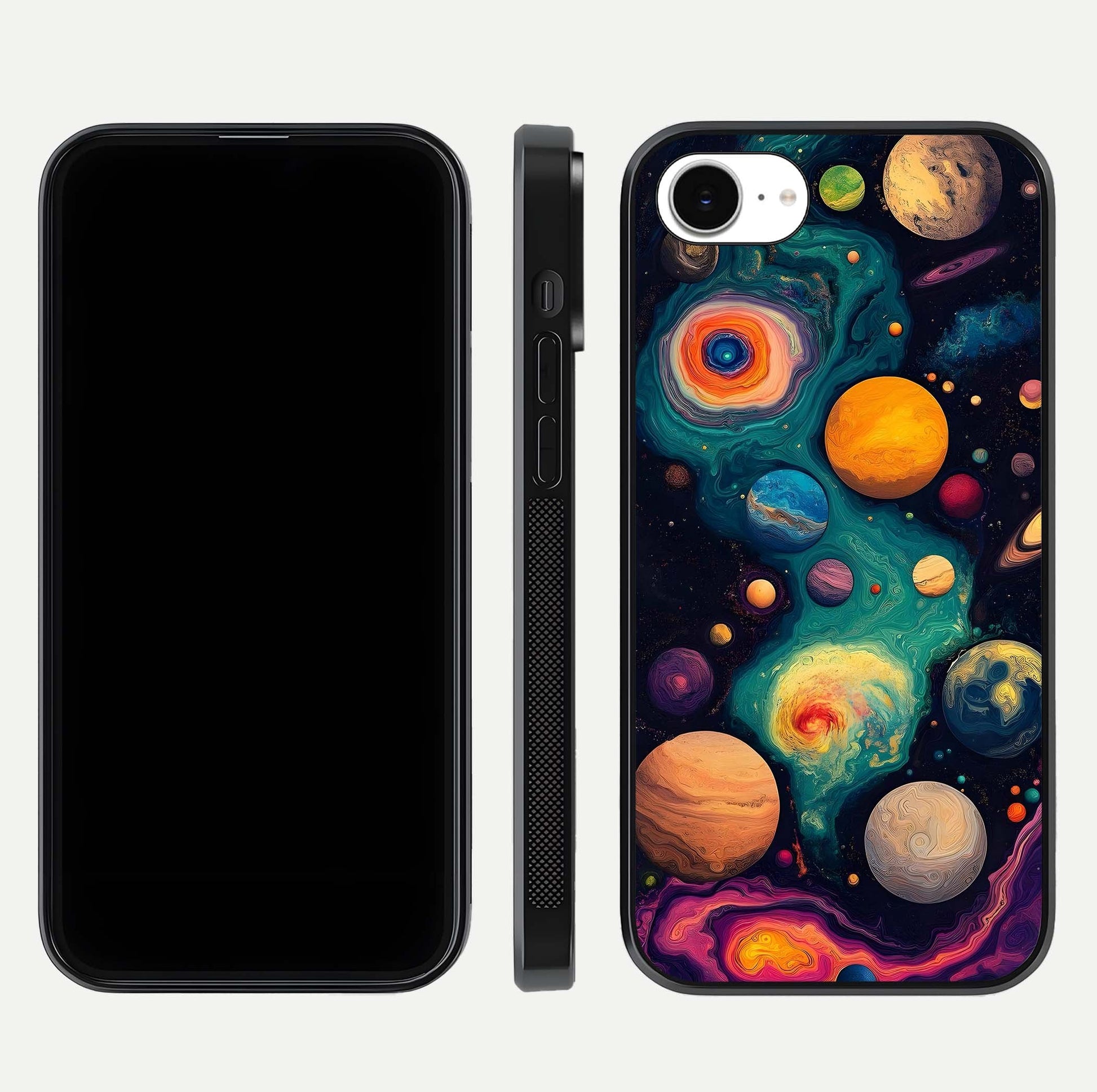 Cosmic Planet Journey Glass Case for iPhone 16e dual-view layout displaying colorful cosmic balance