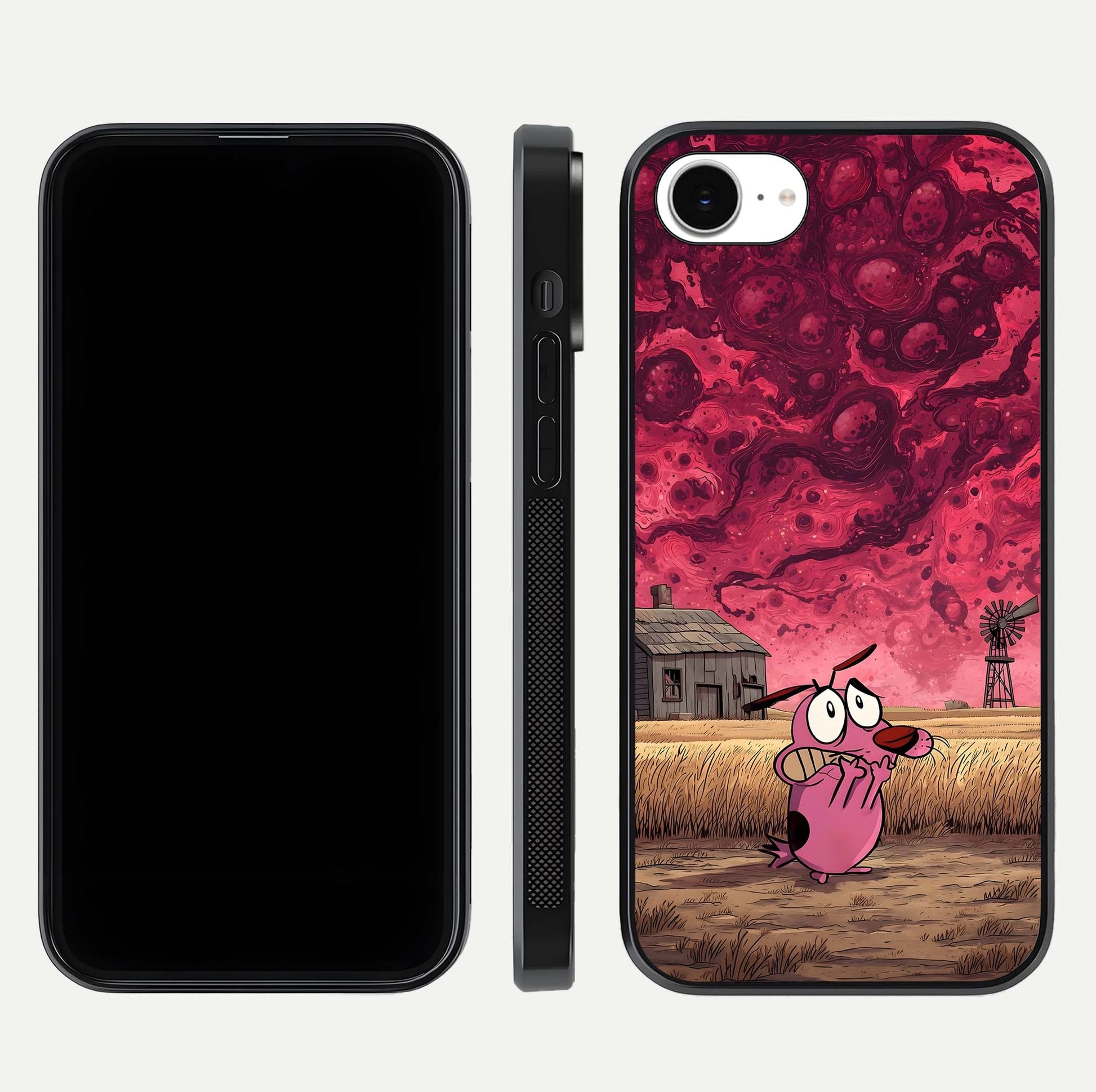 Courage Under Sky Glass Case for iPhone 16e dual-view layout displaying text alignment and glass finish