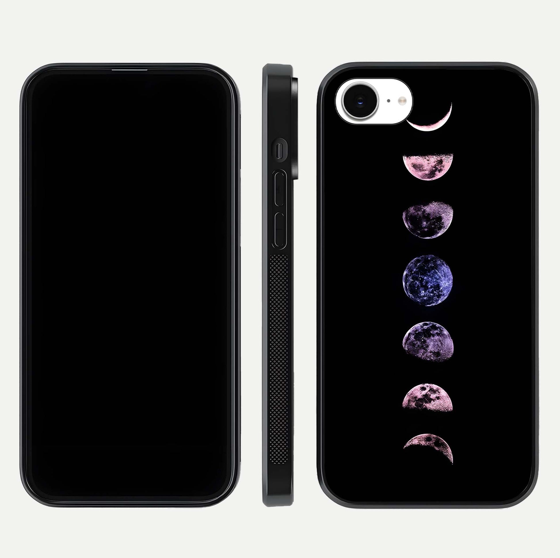 Crimson All Planets Glass Case for iPhone 16e dual-view layout displaying crimson tones and curved edges