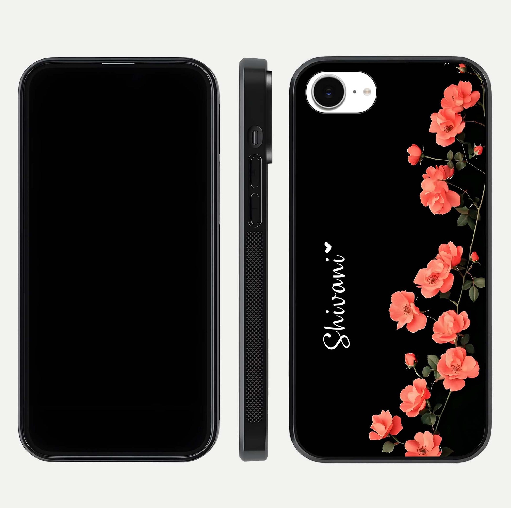 Crimson Bloom Grace Custom Name Glass Case for iPhone 16e dual-view layout displaying custom text and smooth curved edges