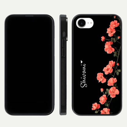 Crimson Bloom Grace Custom Name Glass Case for iPhone 16e dual-view layout displaying custom text and smooth curved edges