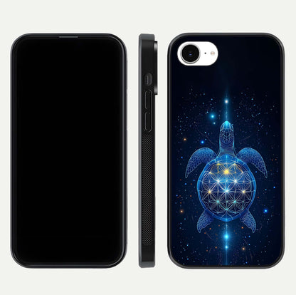 Crimson Blue Turtle Glass Case for iPhone 16e dual-view layout displaying ocean tones and HD finish