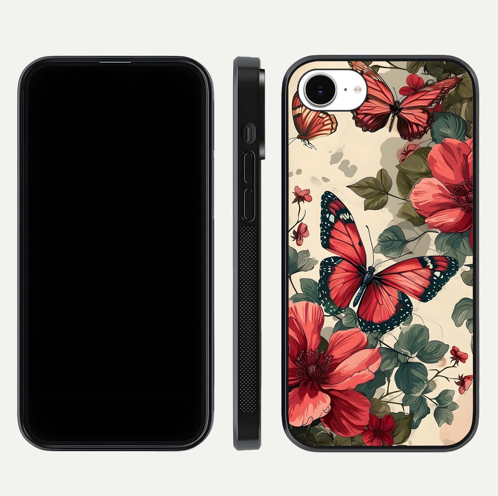 Crimson Butterfly Garden Glass Case for iPhone 16e dual-view layout displaying floral patterns and edge finish