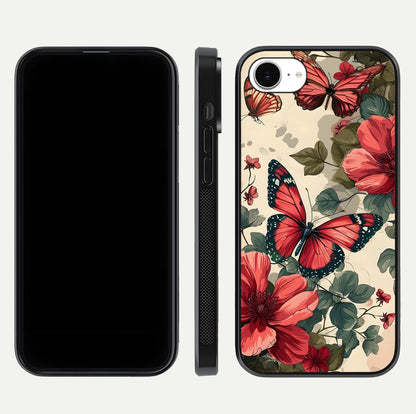 Crimson Butterfly Garden Glass Case for iPhone 16e dual-view layout displaying floral patterns and edge finish