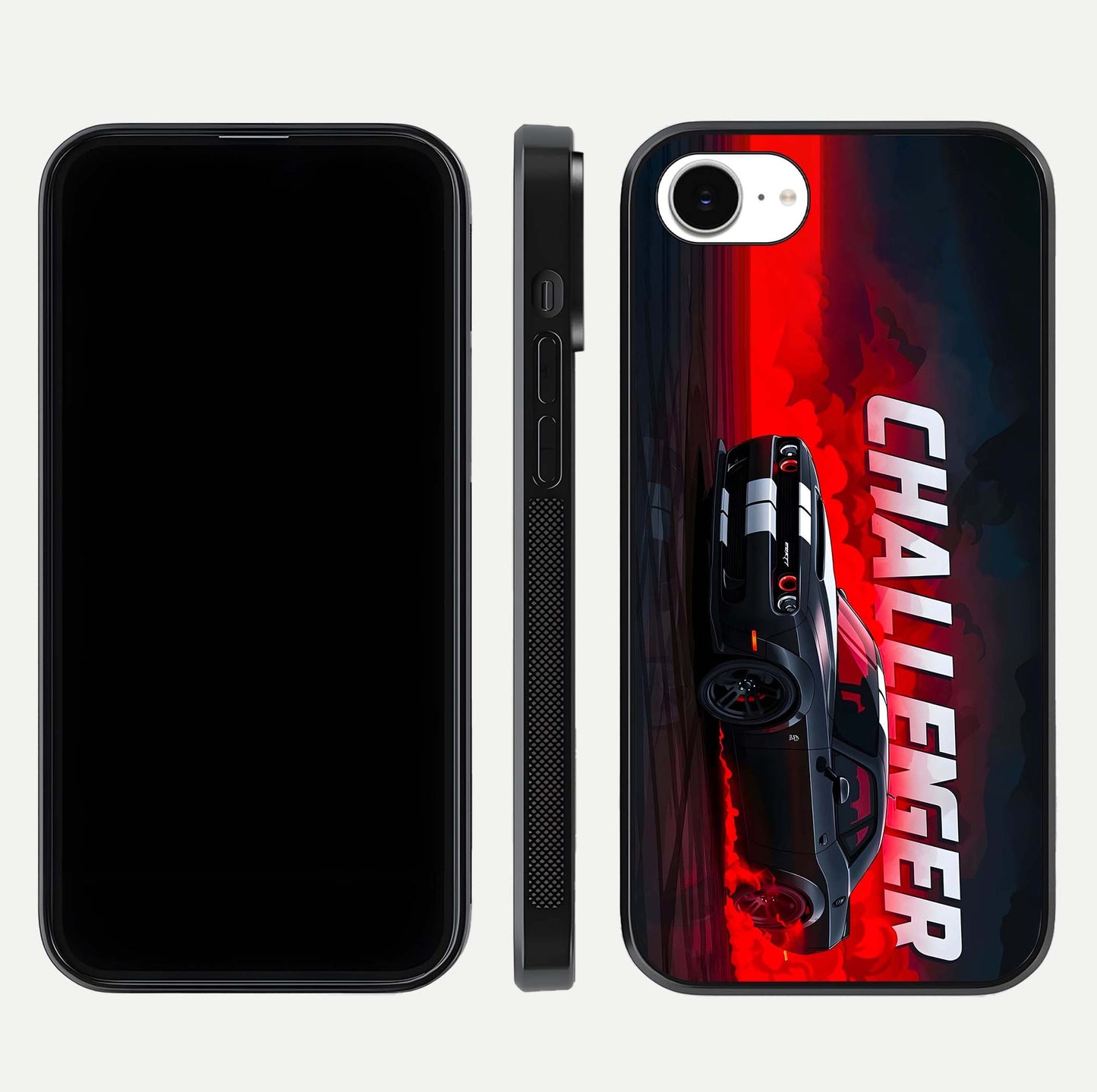 Crimson Challenger Fury Glass Case for iPhone 16e dual-view layout displaying bold tones and edge polish