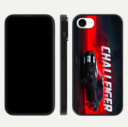 Crimson Challenger Fury Glass Case for iPhone 16e dual-view layout displaying bold tones and edge polish