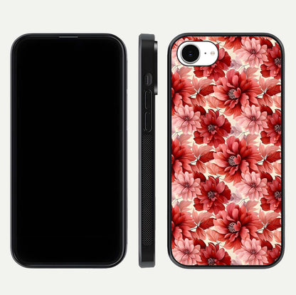 Crimson Love Petals Glass Case for iPhone 16e dual-view layout displaying floral charm and curved glass