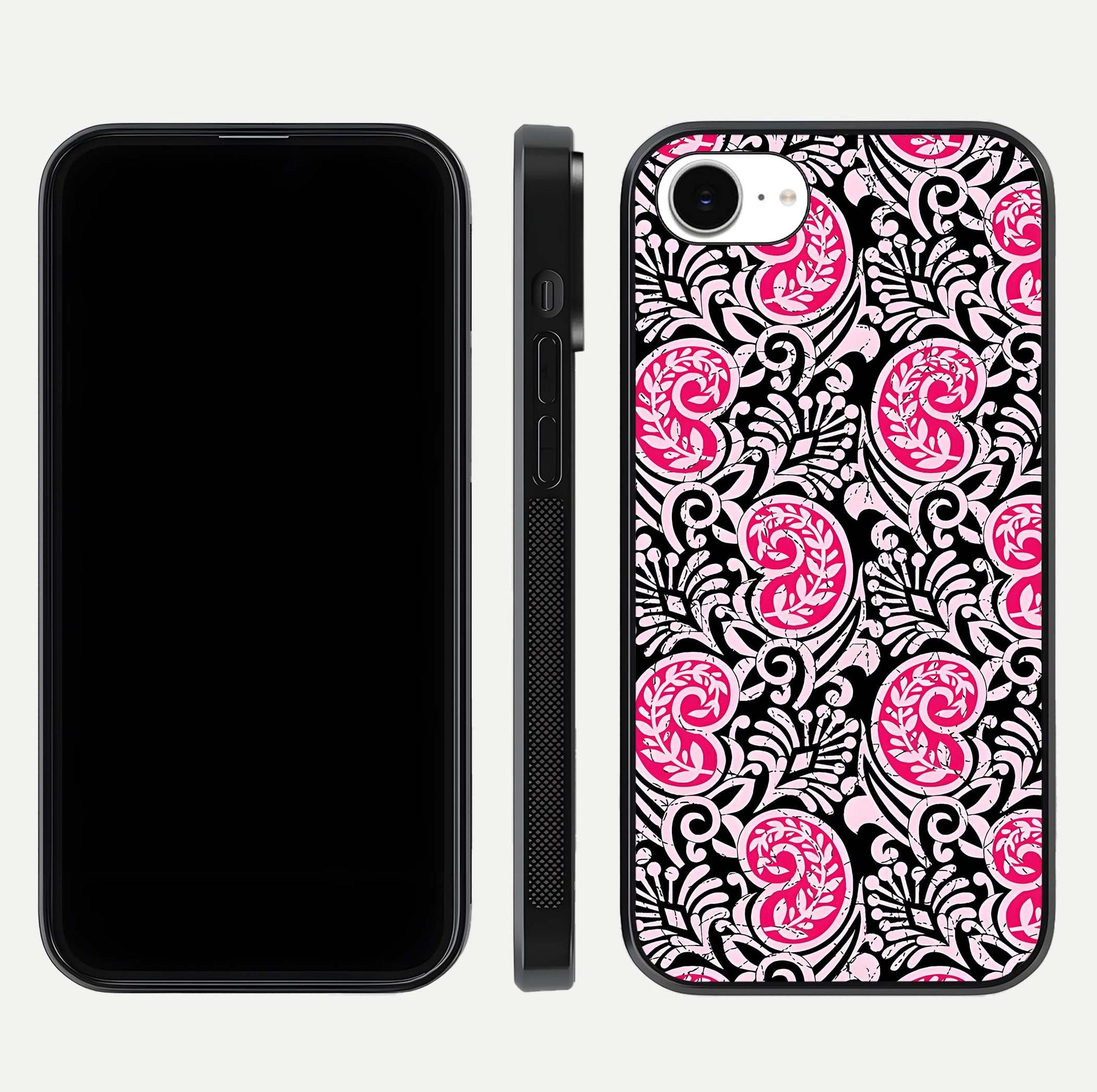 Crimson Paisley Charm Glass Case for iPhone 16e dual-view layout displaying HD print and curved polish