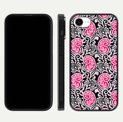 Crimson Paisley Charm Glass Case for iPhone 16e dual-view layout displaying HD print and curved polish