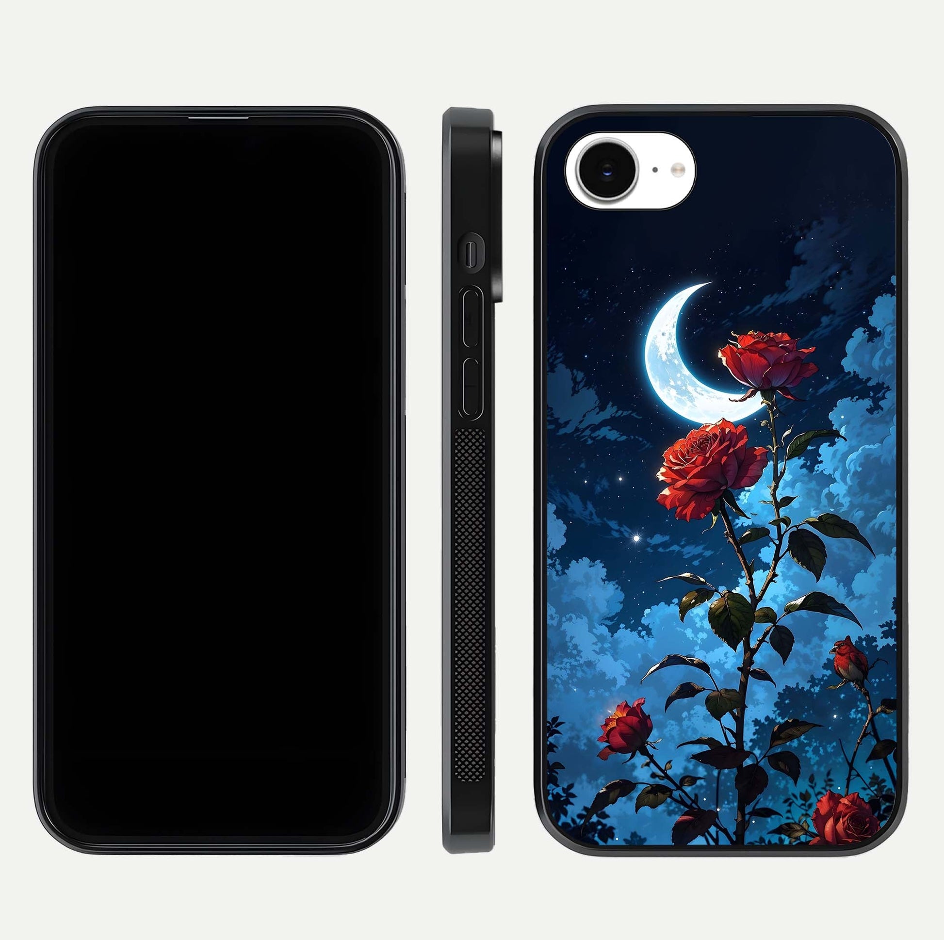 Crimson Rose Moon Glass Case for iPhone 16e dual-view layout displaying red tones and soft gloss