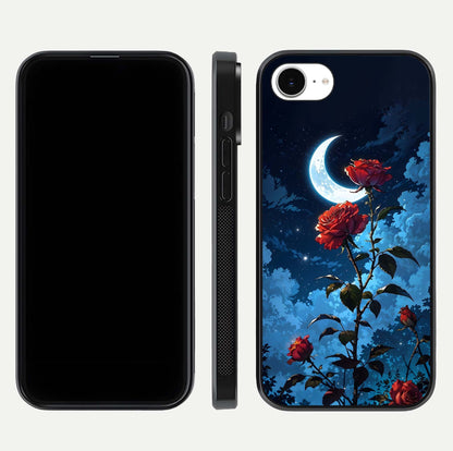 Crimson Rose Moon Glass Case for iPhone 16e dual-view layout displaying red tones and soft gloss