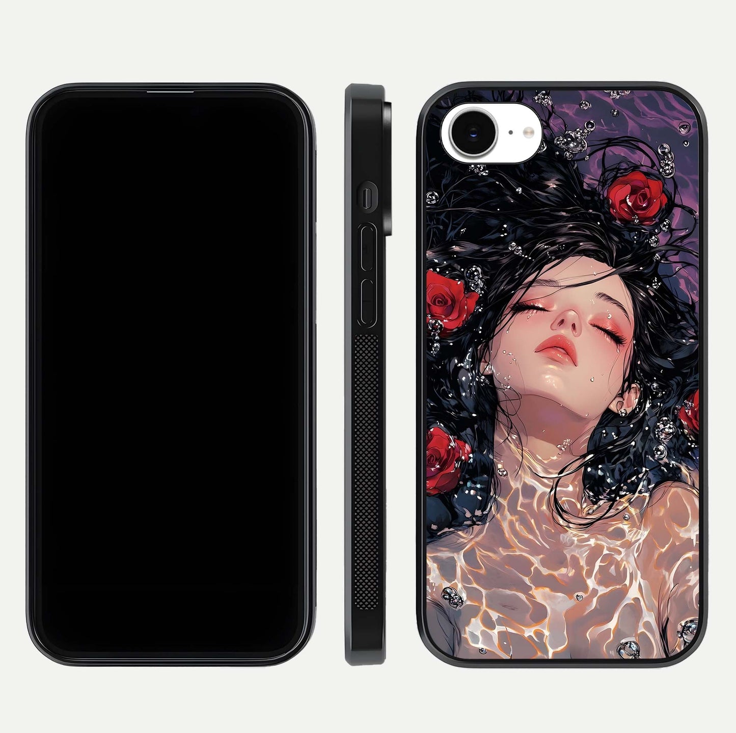 Crimson Rose Serenity Glass Case for iPhone 16e dual-view layout displaying serenity tones and curved glass