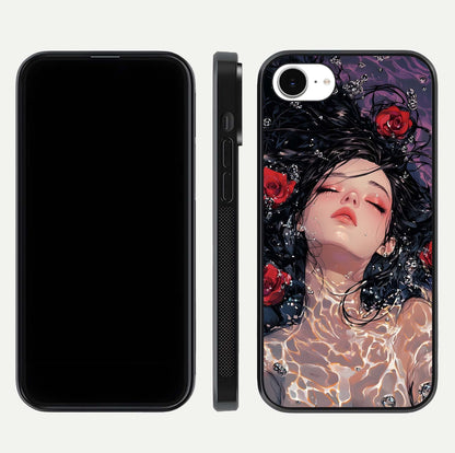 Crimson Rose Serenity Glass Case for iPhone 16e dual-view layout displaying serenity tones and curved glass