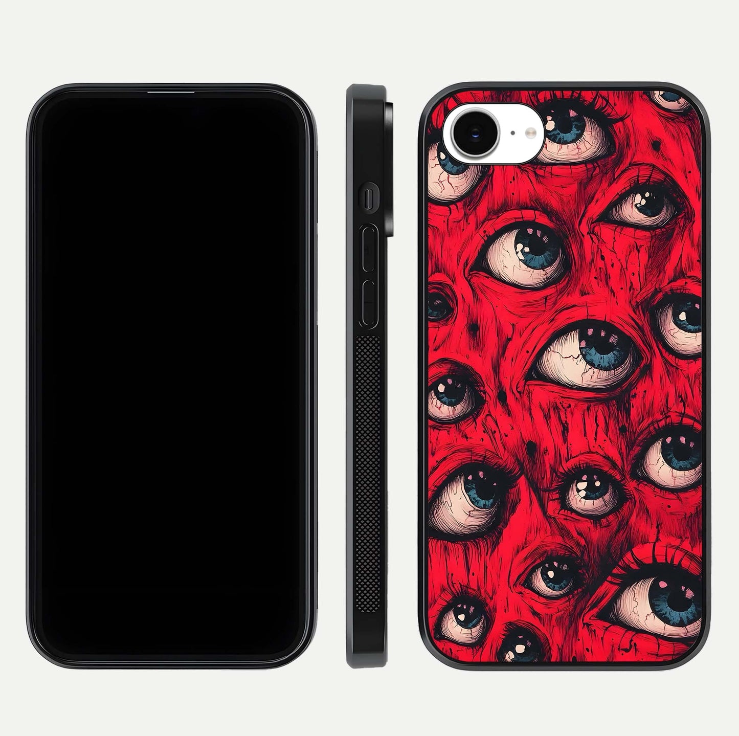 Crimson Watch Eyes Glass Case for iPhone 16e dual-view layout displaying abstract tones and curved edges