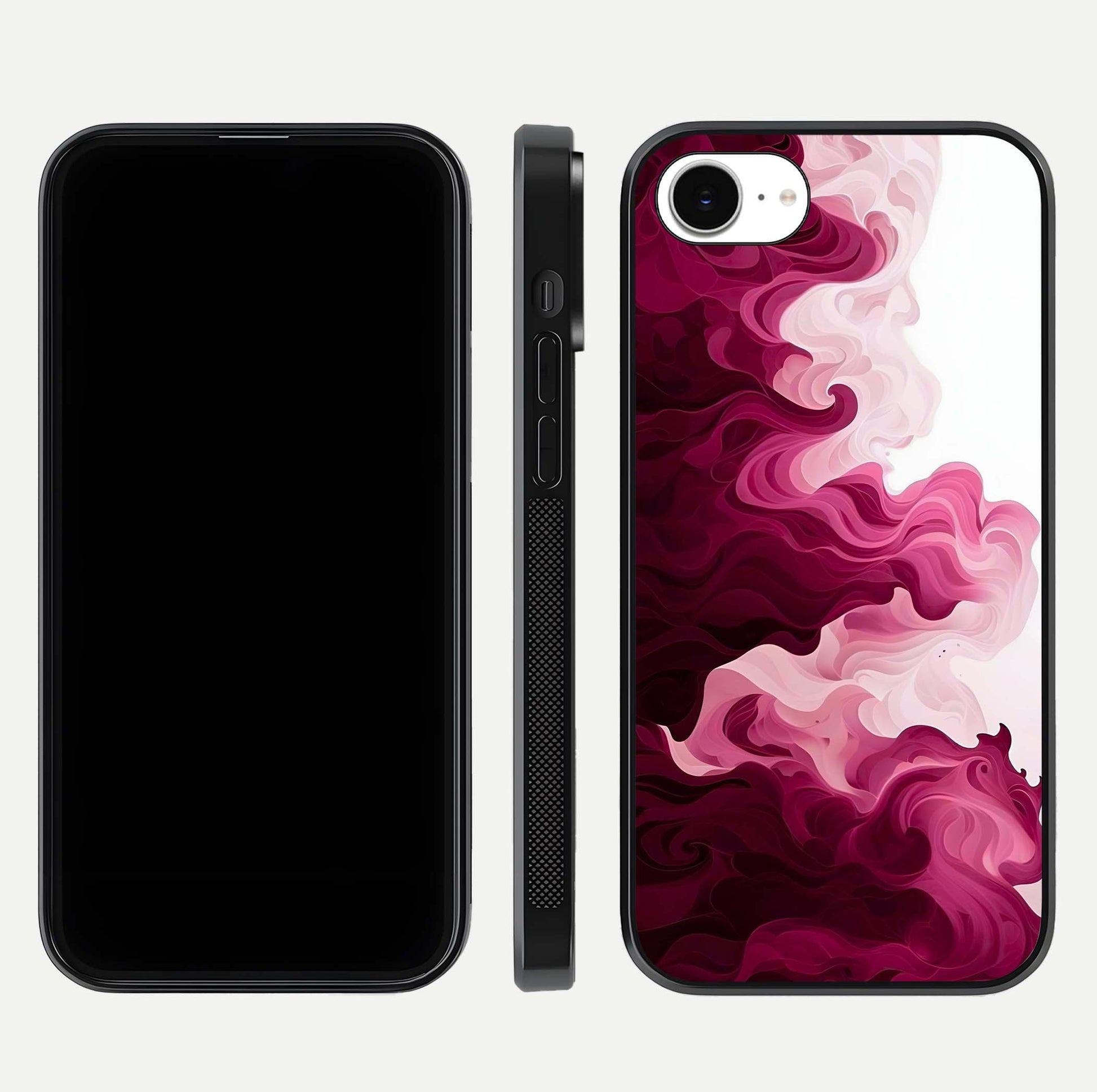 Crimson Wave Flow Glass Case for iPhone 16e dual-view layout displaying curved wave art and polished surface