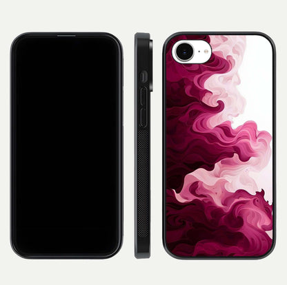 Crimson Wave Flow Glass Case for iPhone 16e dual-view layout displaying curved wave art and polished surface