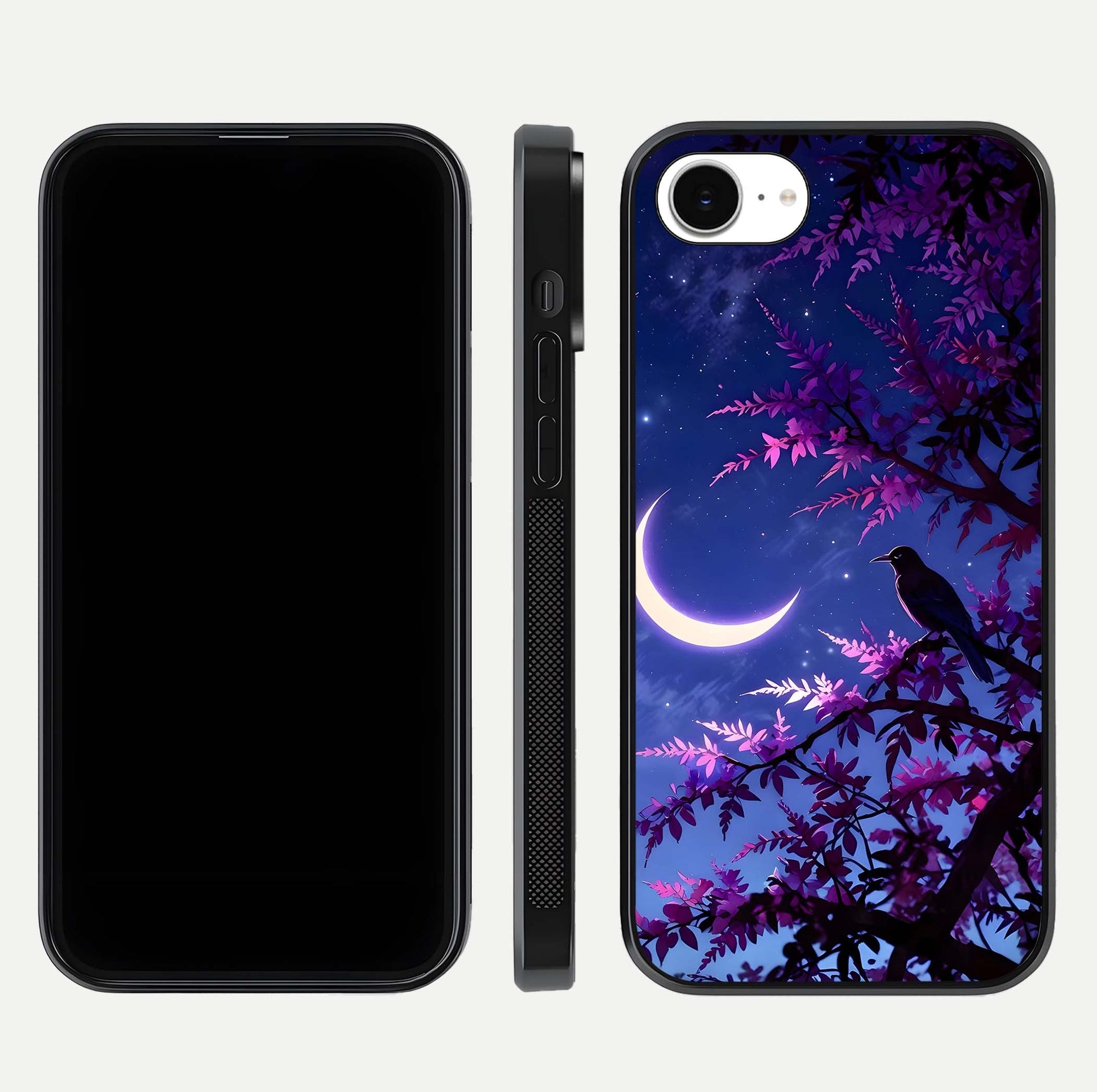 Crow & Moon Scenery Glass Case for iPhone 16e dual-view layout displaying night sky art and curved glass edges