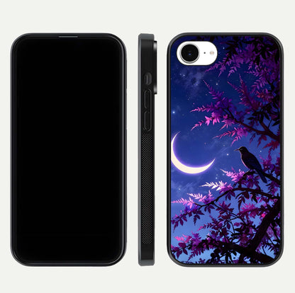 Crow & Moon Scenery Glass Case for iPhone 16e dual-view layout displaying night sky art and curved glass edges