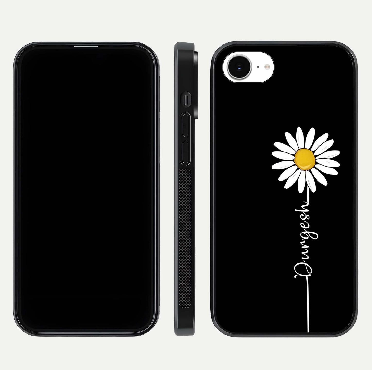 Custom Name White Flower Glass Case for iPhone 16e dual-view layout showing elegant floral tone and curved edge finish