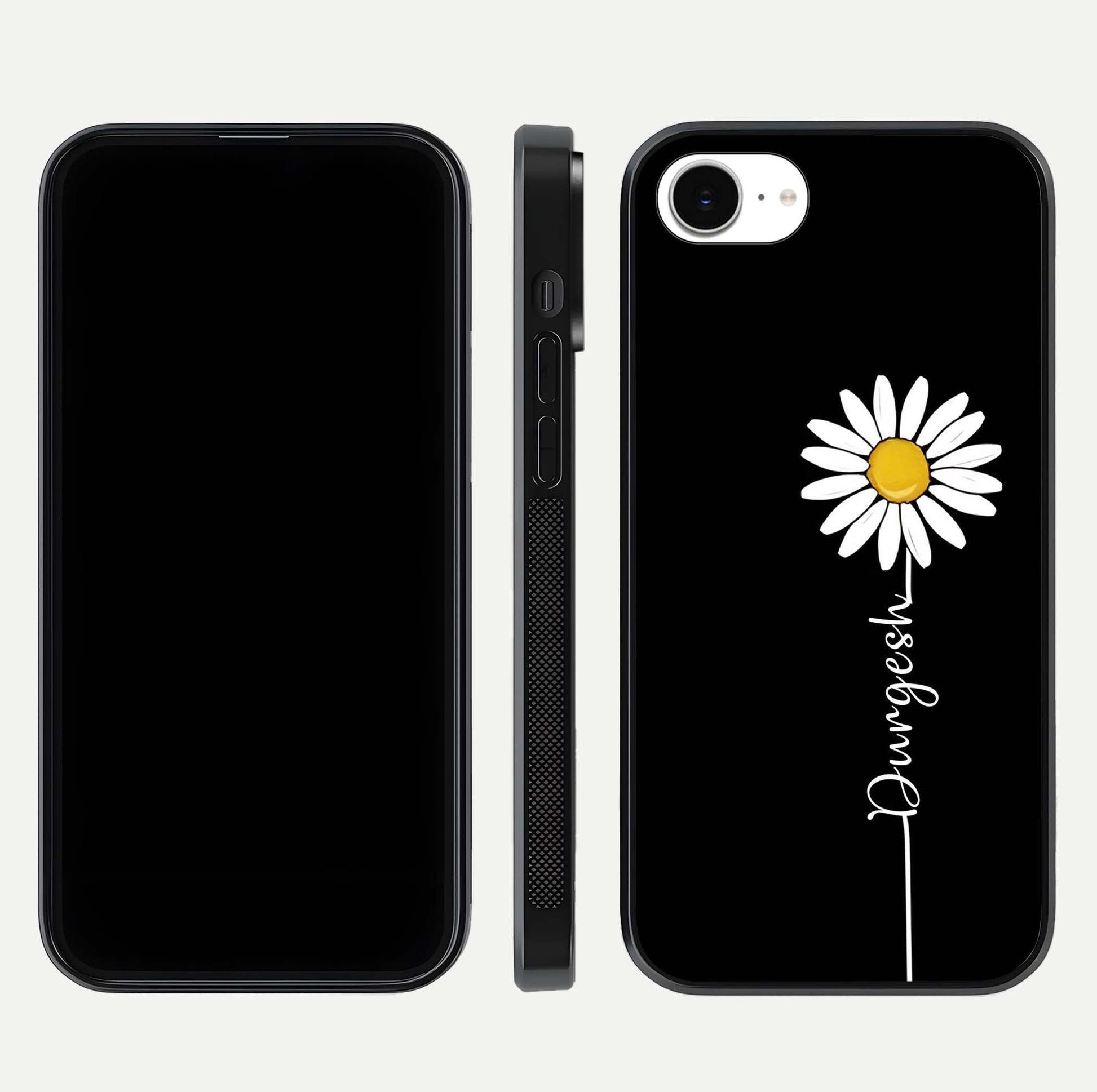 Custom Name White Flower Glass Case for iPhone 16e dual-view layout showing elegant floral tone and curved edge finish