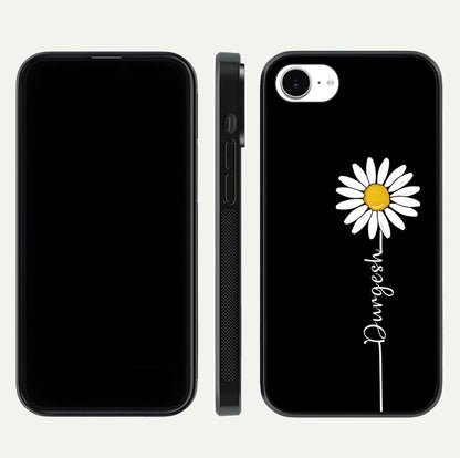 Custom Name White Flower Glass Case for iPhone 16e dual-view layout showing elegant floral tone and curved edge finish