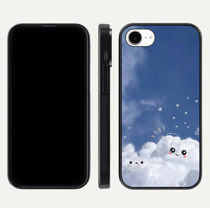 Cute Blossom Cloud Glass Case for iPhone 16e dual-view layout displaying cute floral clouds and polished edge