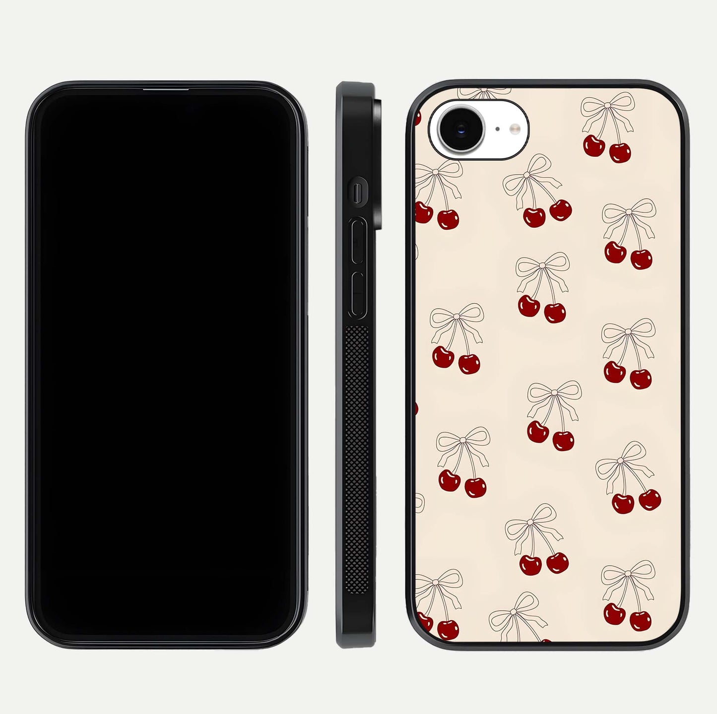 Cute Cherry Pattern Glass Case for iPhone 16e dual-view layout displaying aesthetic fruit print and smooth edges