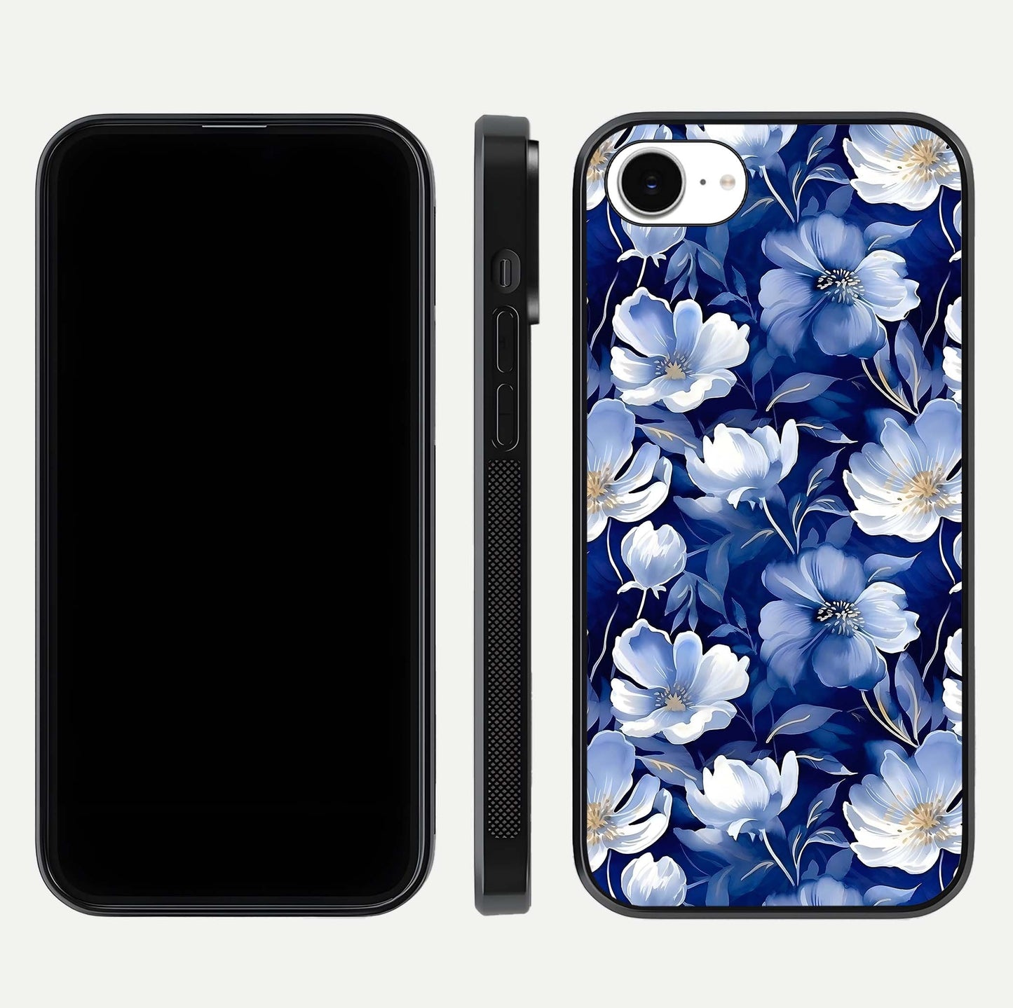 Cute Floral Patterns Glass Case for iPhone 16e dual-view layout displaying HD floral print and curved edges