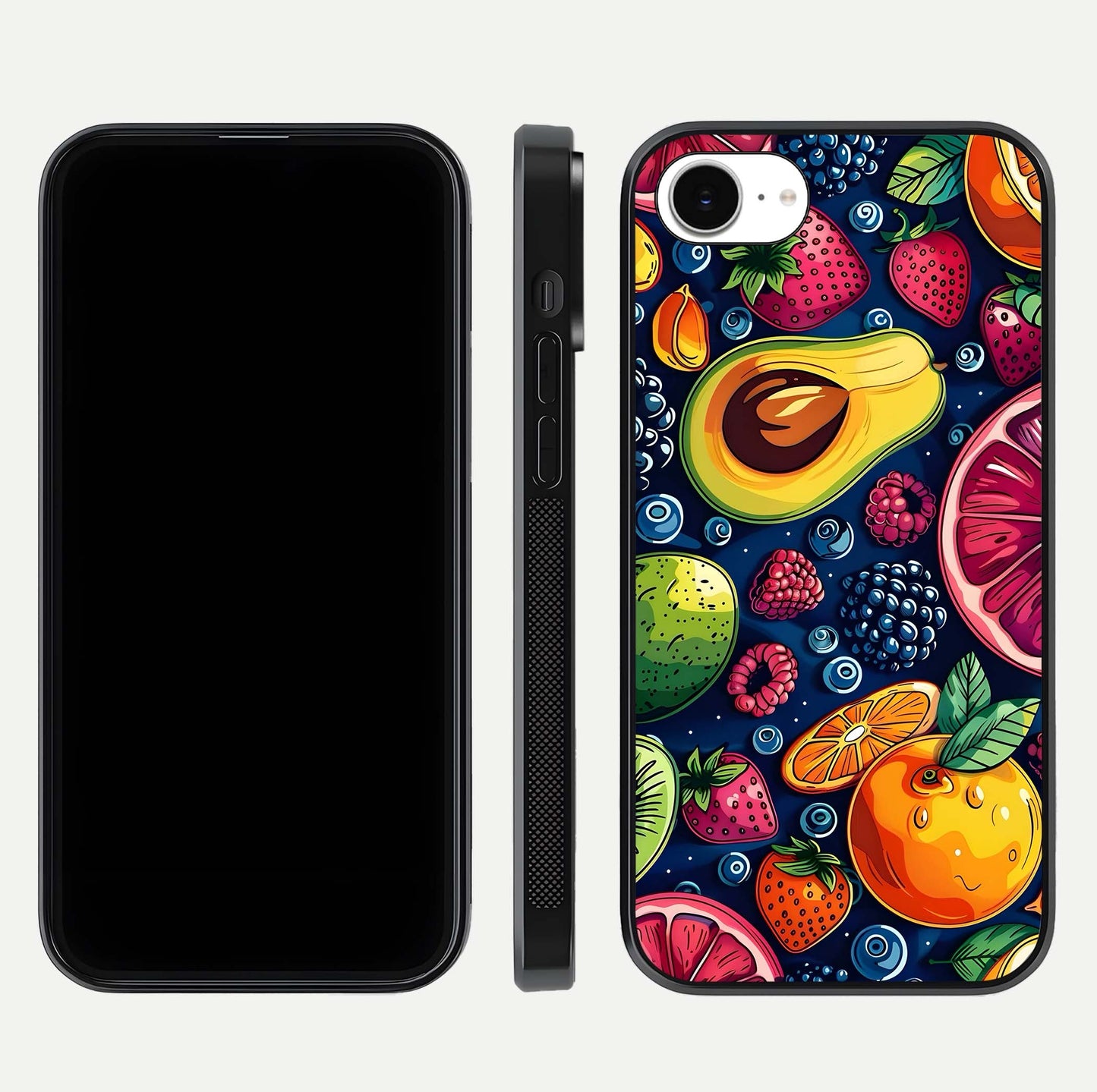 Cute Fruits Art Glass Case for iPhone 16e dual-view layout displaying playful tones and curved design