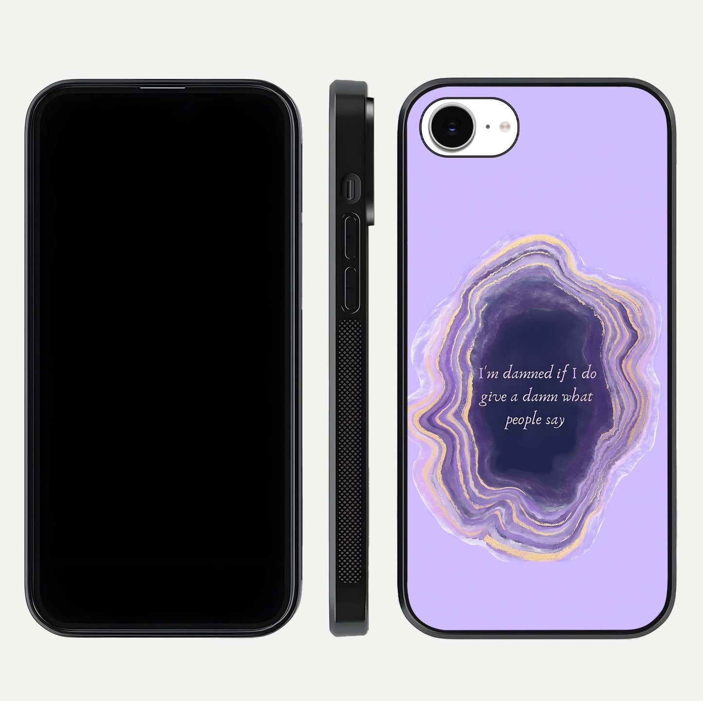 Damned People Quote Glass Case for iPhone 16e dual-view layout displaying modern print and glass clarity