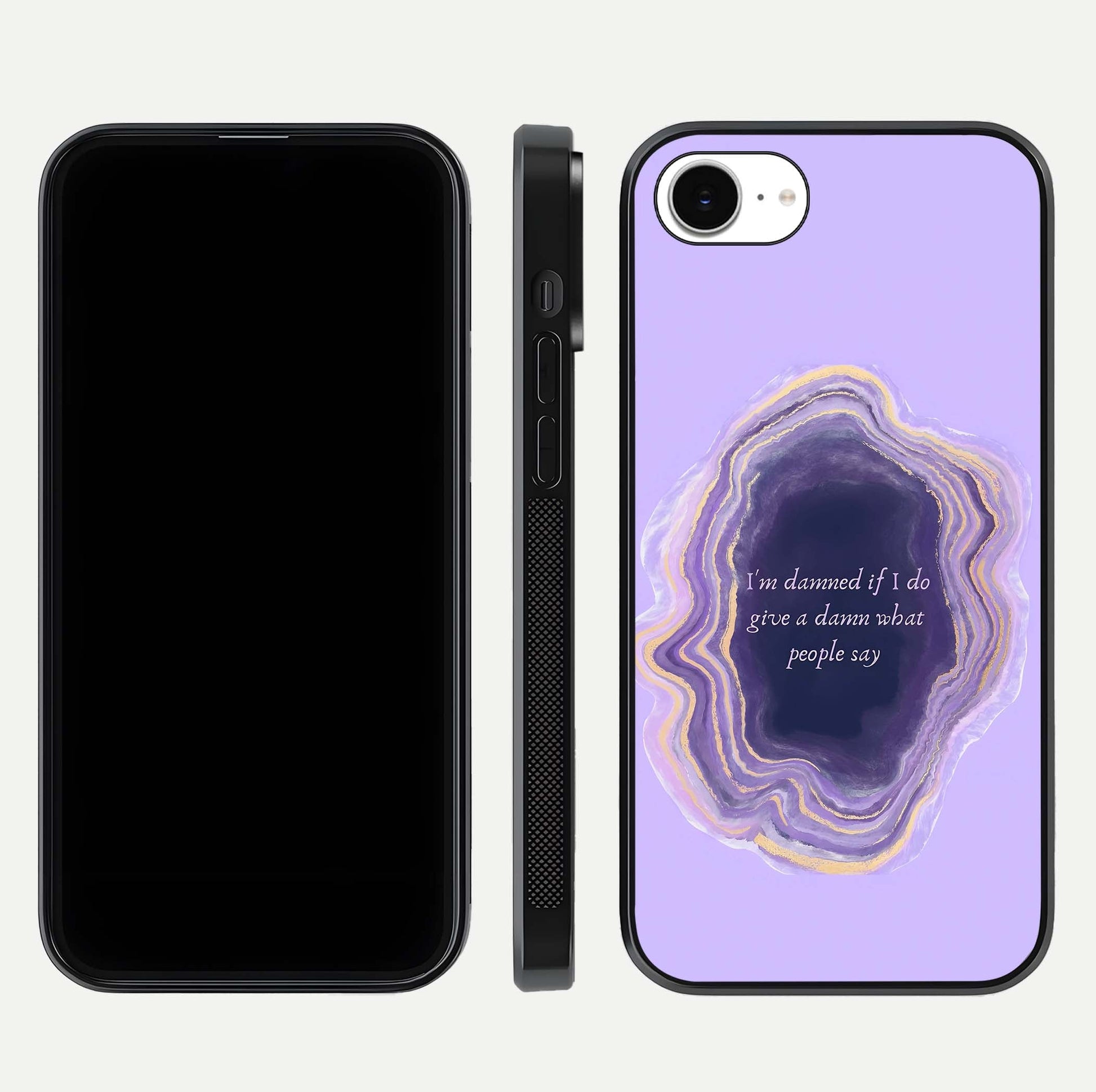 Damned People Quote Glass Case for iPhone 16e dual-view layout displaying modern print and glass clarity