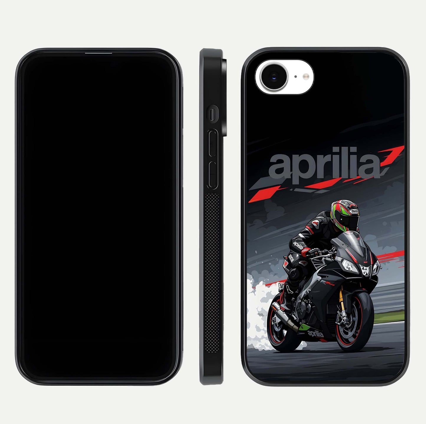 Dark Aprilla Glass Case for iPhone 16e dual-view layout displaying sleek racing look and HD shine