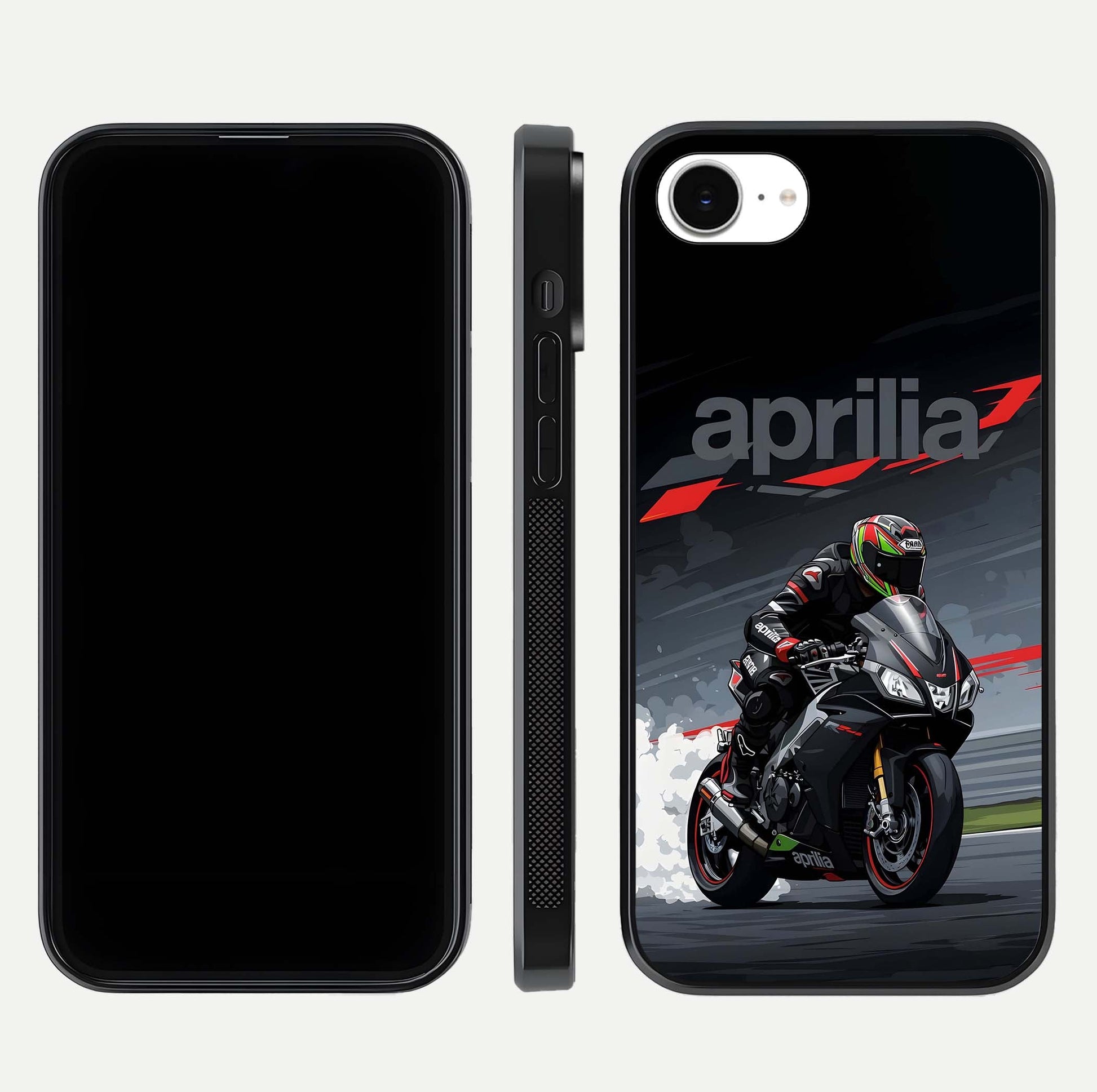 Dark Aprilla Glass Case for iPhone 16e dual-view layout displaying sleek racing look and HD shine