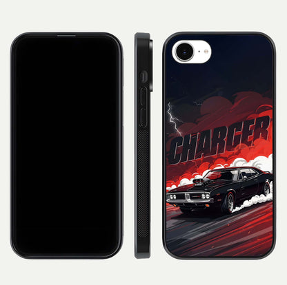 Dark Charger Fury Glass Case for iPhone 16e dual-view layout displaying HD design and polished edges