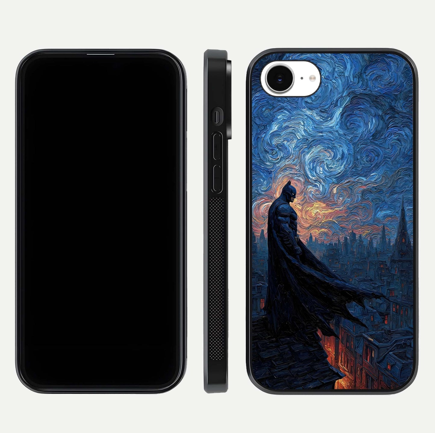 Dark Knight Dusk Glass Case for iPhone 16e dual-view layout displaying HD hero print and curved glass edges