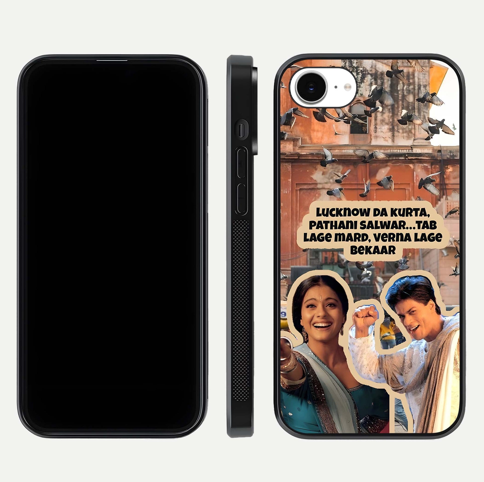 Desi Retro Vibes Glass Case for iPhone 16e dual-view layout showing nostalgic design and smooth glass curve