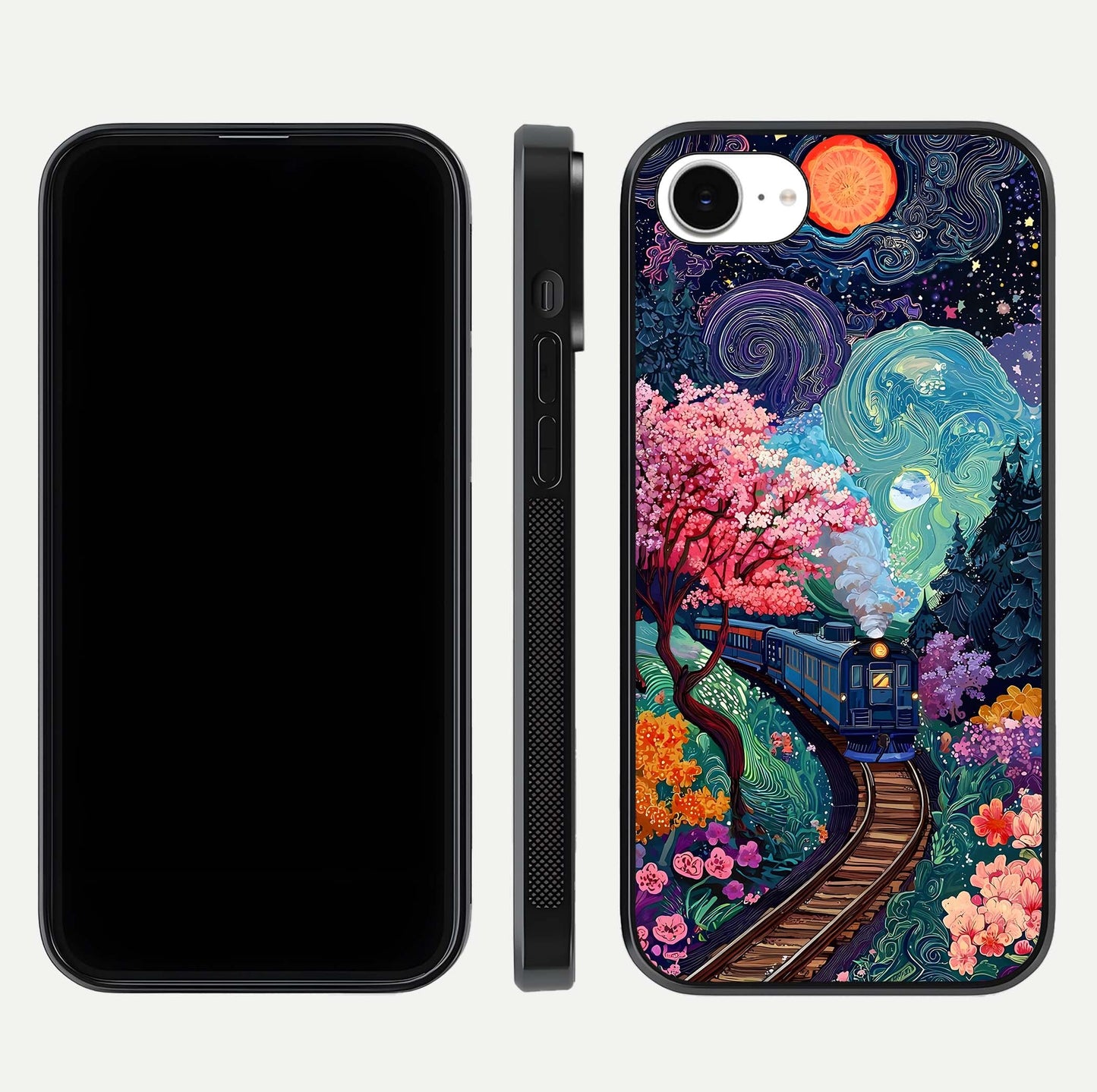Digital Art Glass Case for iPhone 16e dual-view layout displaying artistic tones and curved glass edge