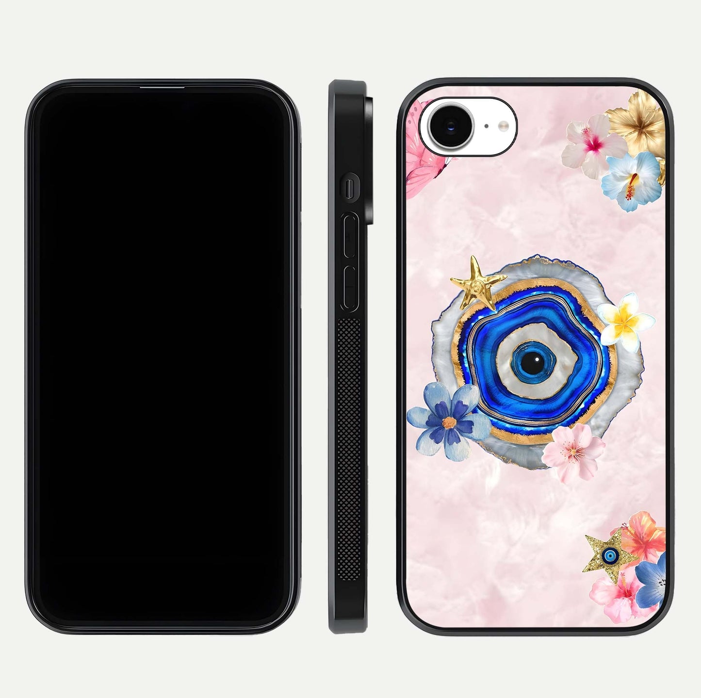 Divine Aura Bloom Glass Case for iPhone 16e dual-view layout displaying divine color tones and smooth edges